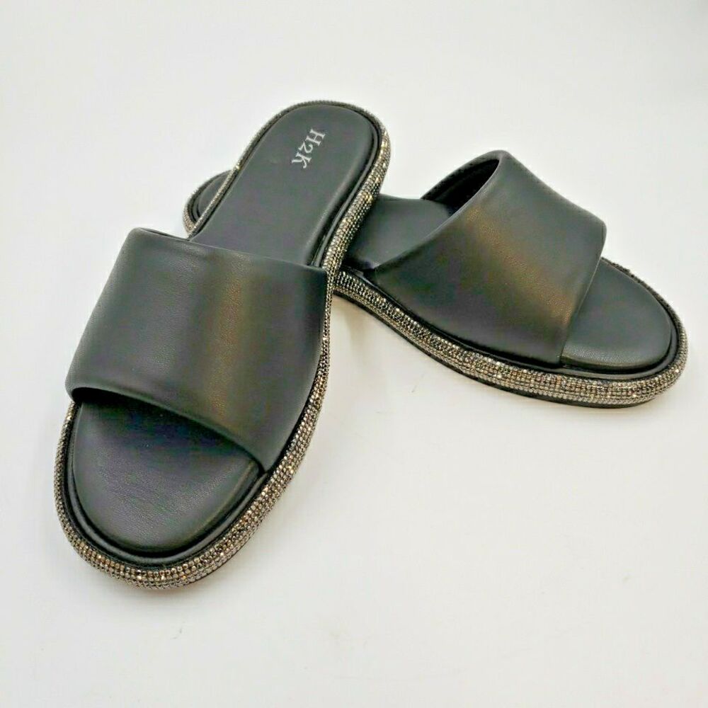 Womens 11 Pool Side Slides Black Silver Sandals Glam Cruise Slipper Summer Shoes